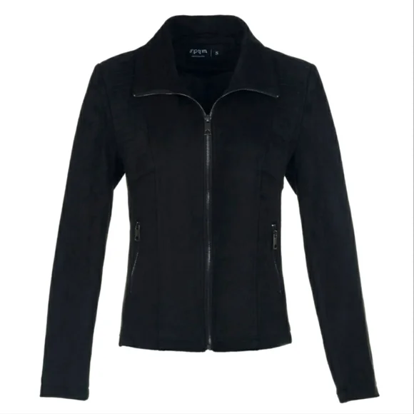 NEW SPYM Sleek Black Faux Suede Moto Stretchy Jacket Ribbed Sides & Sleeves - Picture 1 of 12